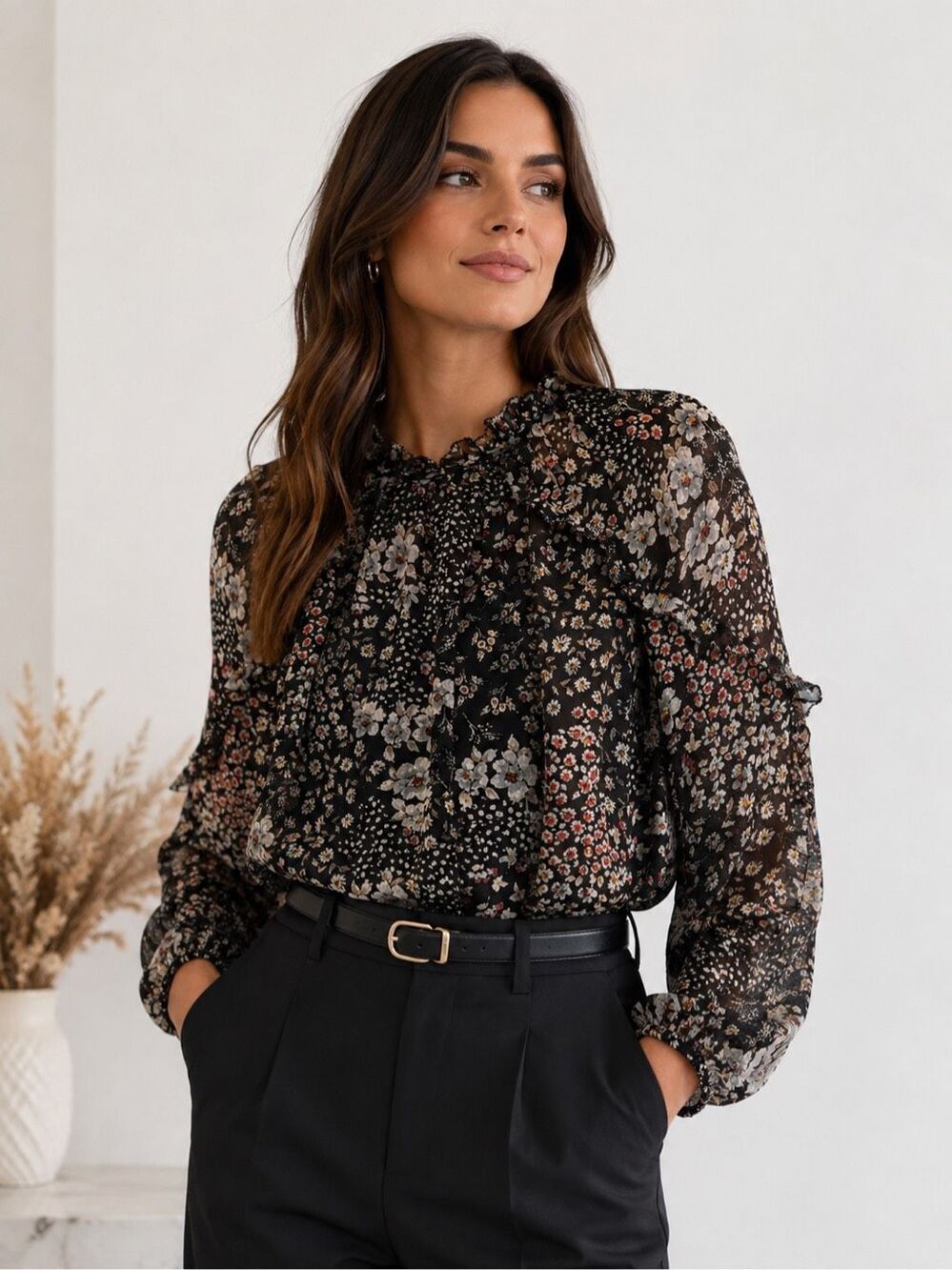 LOFT Black Floral Chiffon Blouse Ruffle Tie Neck Long Sleeve Top Size Small